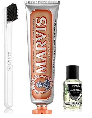 Marvis Ginger Mint Diş Macunu 85 ml + Yumuşak Diş Fırçası + Konsantre Ağız Gargarası 30 ml