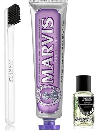 Marvis Jasmin Mint Diş Macunu 85 ml + Yumuşak Diş Fırçası + Konsantre Ağız Gargarası 30 ml