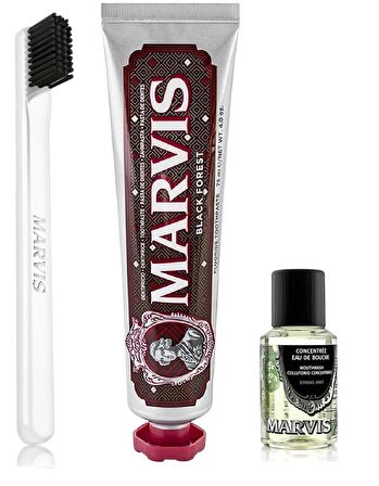 Marvis Black Forset Diş Macunu 75 ml + Yumuşak Diş Fırçası + Konsantre Ağız Gargarası 30 ml