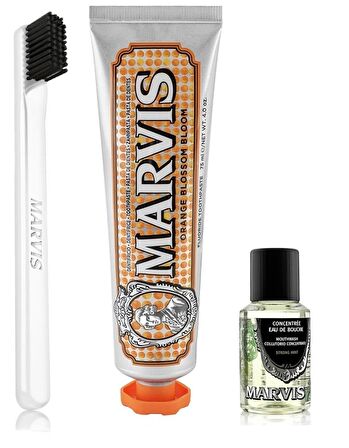 Marvis Orange Blossom Bloom Diş Macunu 75 ml + Yumuşak Diş Fırçası + Konsantre Ağız Gargarası 30 ml