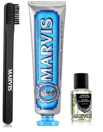 Marvis Acquatic Mint Diş Macunu 85 ml + Orta Sert Diş Fırçası + Konsantre Ağız Gargarası 30 ml