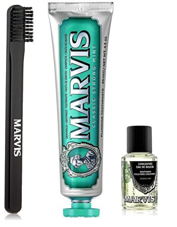 Marvis Classic Strong Mint Diş Macunu 85 ml + Orta Sert Diş Fırçası + Konsantre Ağız Gargarası 30 ml