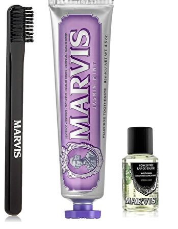 Marvis Jasmin Mint Diş Macunu 85 ml + Orta Sert Diş Fırçası + Konsantre Ağız Gargarası 30 ml