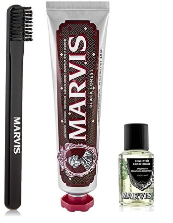 Marvis Black Forset Diş Macunu 75 ml + Orta Sert Diş Fırçası + Konsantre Ağız Gargarası 30 ml