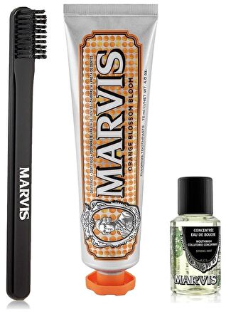 Marvis Orange Blossom Bloom Diş Macunu 75 ml + Orta Sert Diş Fırçası + Konsantre Ağız Gargarası 30 ml