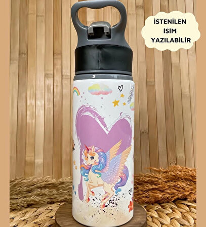 Kişiye Özel İsimli Kız Çocuk Çiçekli Unicorn Temalı Pipetli Suluk Matara 650 ml
