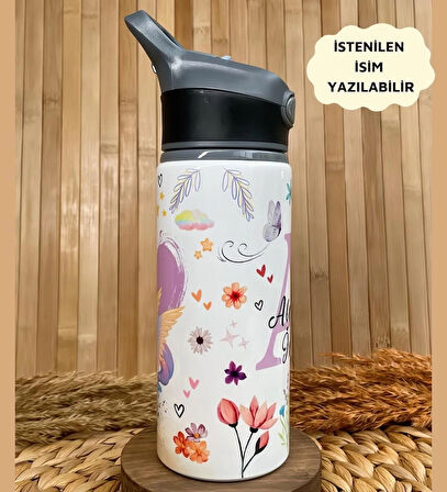 Kişiye Özel İsimli Kız Çocuk Çiçekli Unicorn Temalı Pipetli Suluk Matara 650 ml