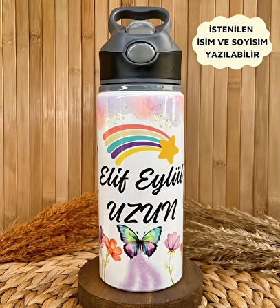Kişiye Özel İsimli Kız Çocuk Gökkuşağı Pipetli Suluk Matara 650ml