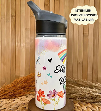 Kişiye Özel İsimli Kız Çocuk Gökkuşağı Pipetli Suluk Matara 650ml