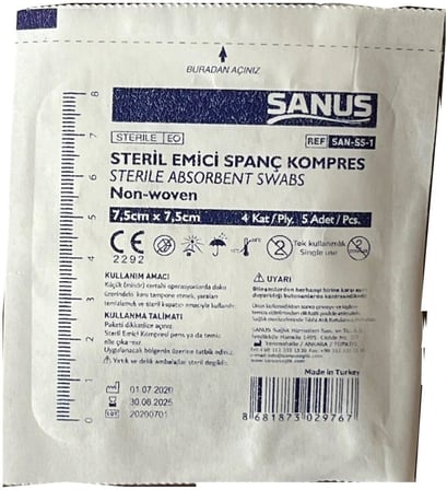 7.5 X 7.5 Steril 4 Katlı Spanç Kompres 5 Kutu (500 Adet)