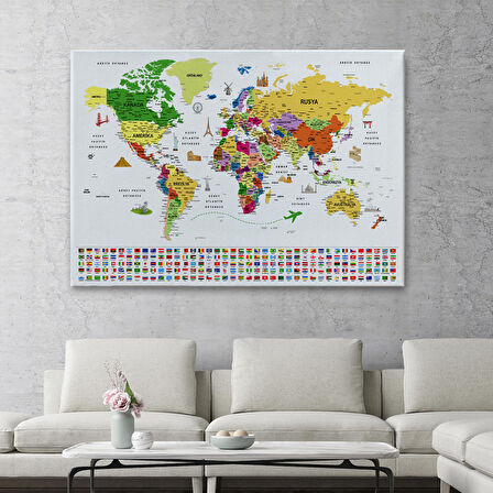 Harita Sepeti Türkçe Dünya Haritası Ayrıntılı Eğitici Sembollü Bayraklı Dekoratif Kanvas Tablo 2840