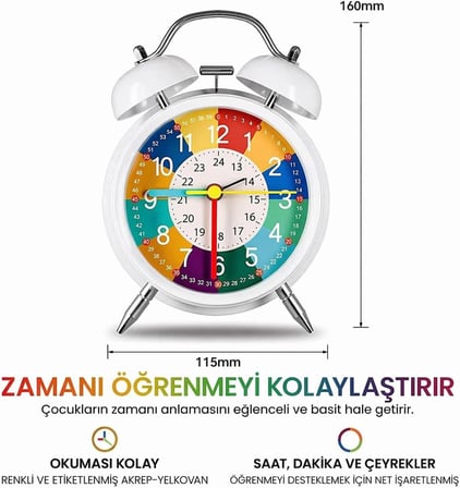 Eğitici Çocuk Alarm Saati | Renkli Öğretici Saat 12/24 Sistem Sessiz Mekanizma Kolay Okuma
