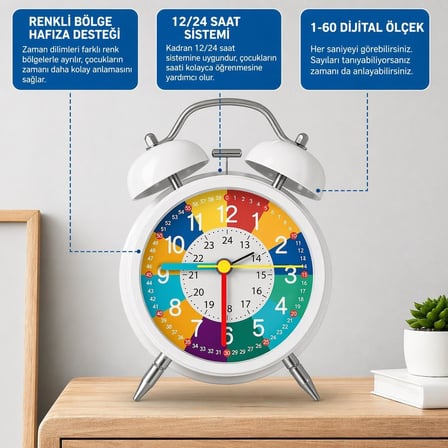 Eğitici Çocuk Alarm Saati | Renkli Öğretici Saat 12/24 Sistem Sessiz Mekanizma Kolay Okuma