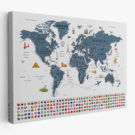 Harita Sepeti Dünya Haritası Ayrıntılı Eğitici Sembollü Bayraklı Dekoratif Kanvas Tablo 2841