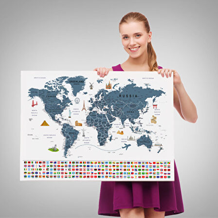 Harita Sepeti Dünya Haritası Ayrıntılı Eğitici Sembollü Bayraklı Dekoratif Kanvas Tablo 2841