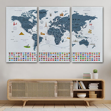 Harita Sepeti Dünya Haritası Ayrıntılı Eğitici Sembollü Bayraklı Dekoratif Kanvas Tablo 2841