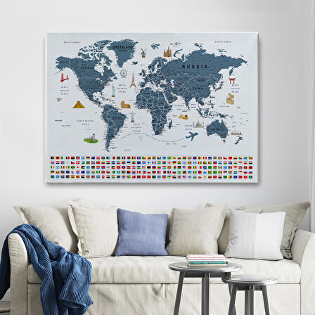 Harita Sepeti Dünya Haritası Ayrıntılı Eğitici Sembollü Bayraklı Dekoratif Kanvas Tablo 2841