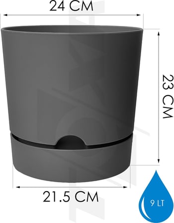 Begonya Saksı Tabaklı Drenajlı Mat Plastik Çiçek Saksısı (1 Adet, 9 Litre, 25cm, Gri)