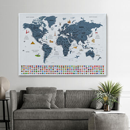 Harita Sepeti Türkçe Dünya Haritası Ayrıntılı Eğitici Sembollü Bayraklı Dekoratif Kanvas Tablo 2842