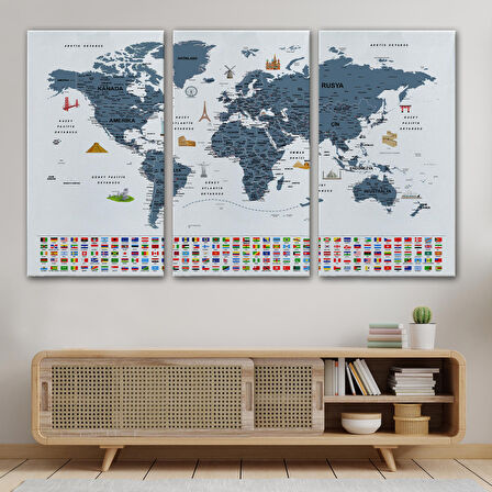 Harita Sepeti Türkçe Dünya Haritası Ayrıntılı Eğitici Sembollü Bayraklı Dekoratif Kanvas Tablo 2842