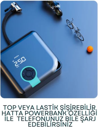 Taşınabilir Şarjlı Hava Pompası, Basınç Göstergeli Lastik Kompresörü, LED Fenerli ve Powerbank Özellikli