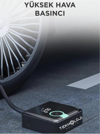 Taşınabilir Şarjlı Hava Pompası, Basınç Göstergeli Lastik Kompresörü, LED Fenerli ve Powerbank Özellikli
