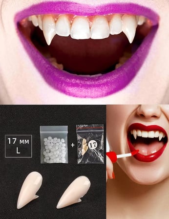 Doğal Diş Rengi A1 Ton Vampir Dişi Gerçek Görünüm Protez Kaplama Vampir Dişi 2 Gram Diş Dolgu Granülleri ile birlikte Vampir Diş (15mm-Medium)