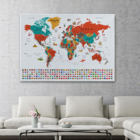 Harita Sepeti Dünya Haritası Ayrıntılı Eğitici Sembollü Bayraklı Dekoratif Kanvas Tablo 2843