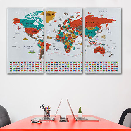 Harita Sepeti Dünya Haritası Ayrıntılı Eğitici Sembollü Bayraklı Dekoratif Kanvas Tablo 2843