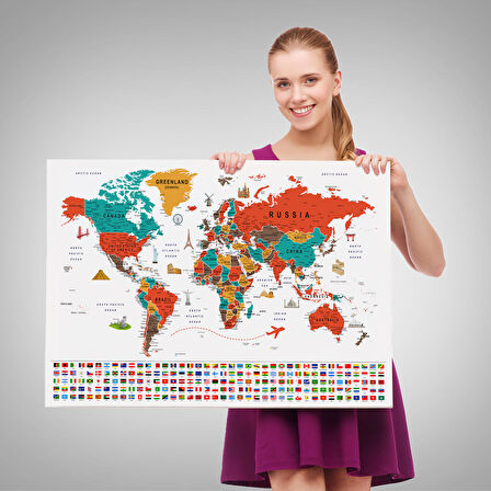 Harita Sepeti Dünya Haritası Ayrıntılı Eğitici Sembollü Bayraklı Dekoratif Kanvas Tablo 2843