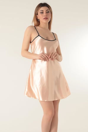 miorre İnce Askılı Mini Saten Gecelik-336,Sütlü Kahve L/Xl