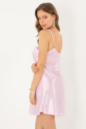 miorre İnce Askılı Güpürlü Mini Saten Gecelik,Pembe L/Xl,33165384