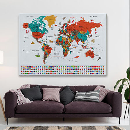 Harita Sepeti Türkçe Dünya Haritası Ayrıntılı Eğitici Sembollü Bayraklı Dekoratif Kanvas Tablo 2844