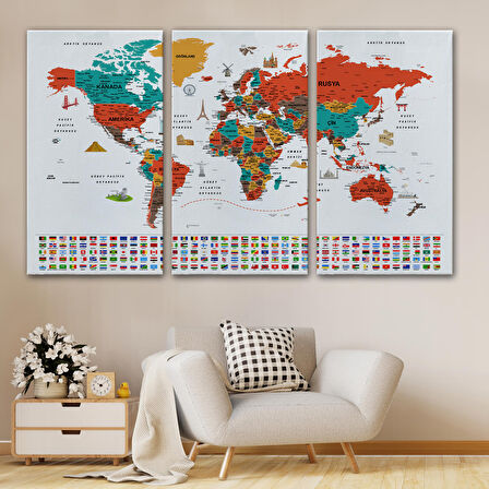 Harita Sepeti Türkçe Dünya Haritası Ayrıntılı Eğitici Sembollü Bayraklı Dekoratif Kanvas Tablo 2844