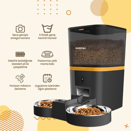QQ005-Dual Gece Görüşlü 480P Kameralı, Akıllı Otomatik Kedi Mama Kabı, App Uzaktan Kontrol, Sesle Çağırma, 6lt Hazne, Çift Metal Kase (Siyah)