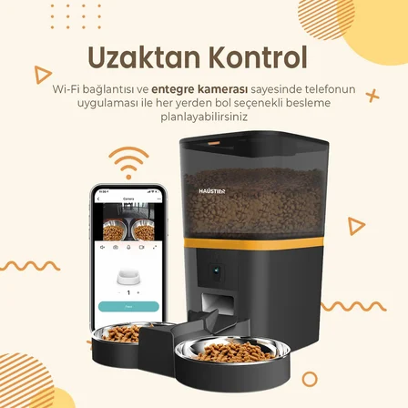 QQ005-Dual Gece Görüşlü 480P Kameralı, Akıllı Otomatik Kedi Mama Kabı, App Uzaktan Kontrol, Sesle Çağırma, 6lt Hazne, Çift Metal Kase (Siyah)
