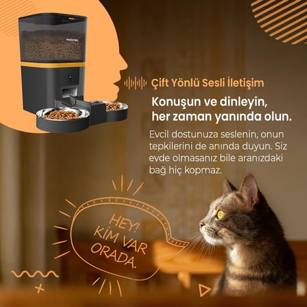 QQ005-Dual Gece Görüşlü 480P Kameralı, Akıllı Otomatik Kedi Mama Kabı, App Uzaktan Kontrol, Sesle Çağırma, 6lt Hazne, Çift Metal Kase (Siyah)