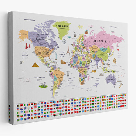 Harita Sepeti Dünya Haritası Ayrıntılı Eğitici Sembollü Bayraklı Dekoratif Kanvas Tablo 2845