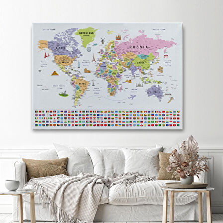 Harita Sepeti Dünya Haritası Ayrıntılı Eğitici Sembollü Bayraklı Dekoratif Kanvas Tablo 2845