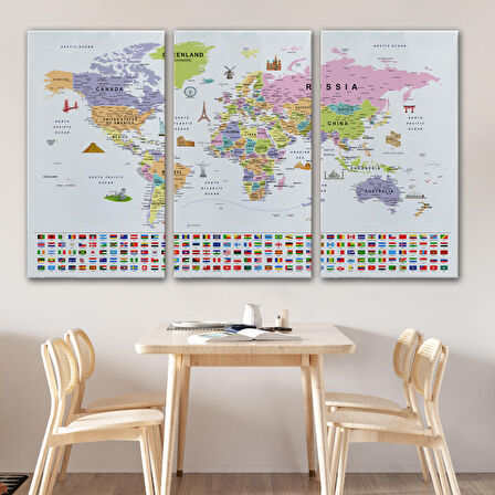 Harita Sepeti Dünya Haritası Ayrıntılı Eğitici Sembollü Bayraklı Dekoratif Kanvas Tablo 2845