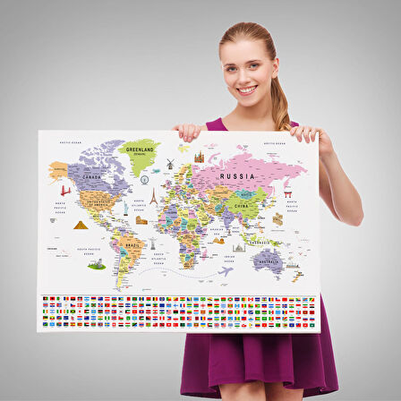 Harita Sepeti Dünya Haritası Ayrıntılı Eğitici Sembollü Bayraklı Dekoratif Kanvas Tablo 2845