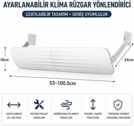 Klima Rüzgar Yönlendirici Deflektör – Ayarlanabilir Klima Hava Yönlendirici Panel, Delmesiz Kurulum, Klima Üfleme Önleyici, Klima Hava Dağıtıcı, Split Klima Aparatı,