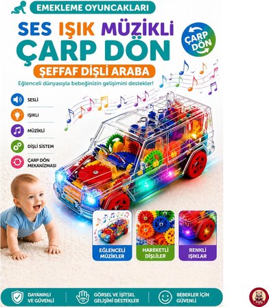 Oyuncak Sesli Işıklı Müzikli Şeffaf Dişli Çarp Dön Oyuncak Araba – Pilli, Emekleme Oyuncağı, Hareketli Işıklı Bebek Arabası