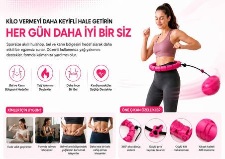 Sporsize Akıllı Hulahop, Ağırlıklı Toplu Ayarlanabilir Modüler Fitness Hulahopu, Bel ve Karın Egzersiz Aleti, Evde Spor İçin, Pembe