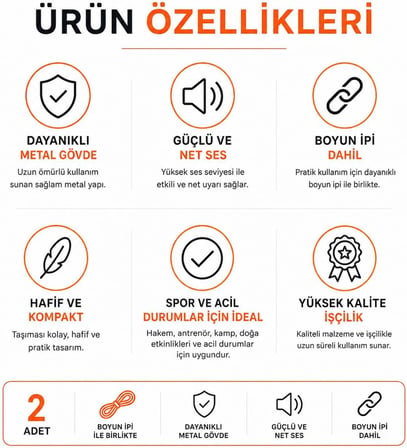 Genel 2 Adet Metal Hakem Düdüğü, Boyun Askı İpli, Spor, Güvenlik, Kamp, Afet ve Acil Durum için Çok Amaçlı Set