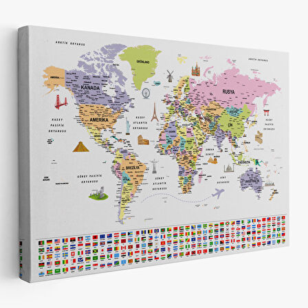 Harita Sepeti Türkçe Dünya Haritası Ayrıntılı Eğitici Sembollü Bayraklı Dekoratif Kanvas Tablo 2846