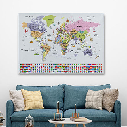 Harita Sepeti Türkçe Dünya Haritası Ayrıntılı Eğitici Sembollü Bayraklı Dekoratif Kanvas Tablo 2846