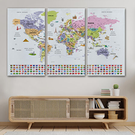 Harita Sepeti Türkçe Dünya Haritası Ayrıntılı Eğitici Sembollü Bayraklı Dekoratif Kanvas Tablo 2846