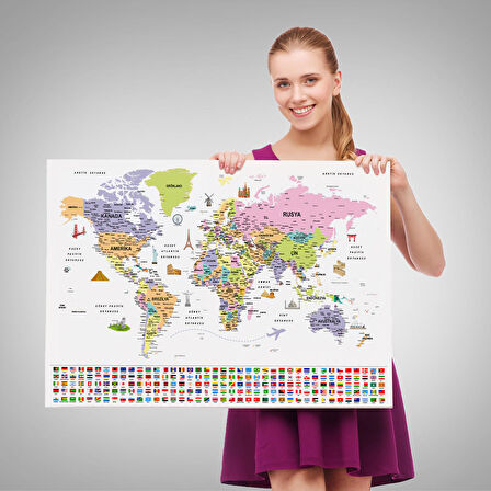 Harita Sepeti Türkçe Dünya Haritası Ayrıntılı Eğitici Sembollü Bayraklı Dekoratif Kanvas Tablo 2846