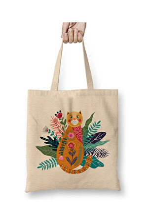 Cute Ginger Cat Kedi Art Beyaz Bez Çanta Uzun Saplı Alışveriş Çantası Plaj Çantası